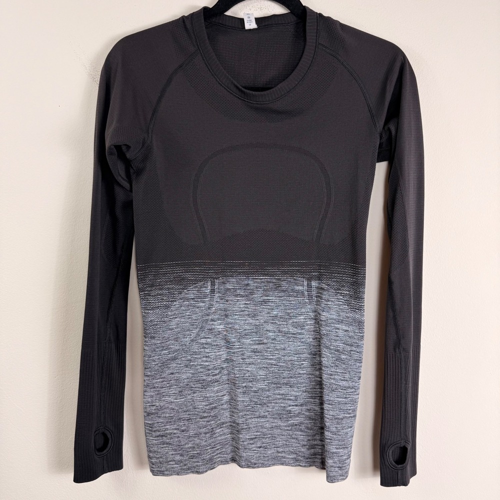 Lululemon Swiftly Tech Long Sleeve Crew Black Gray Ombre Thumbhole Shirt Size 6